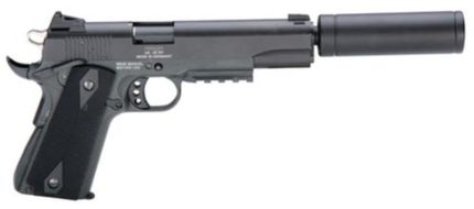 American Tactical, 1911, 22 LR, 5" Barrel, Blued, Polymer Grips, 10Rd, Threaded, Faux Suppressor ATI American Tactical Imports - Products | Rare Breed Triggers FRT - 15